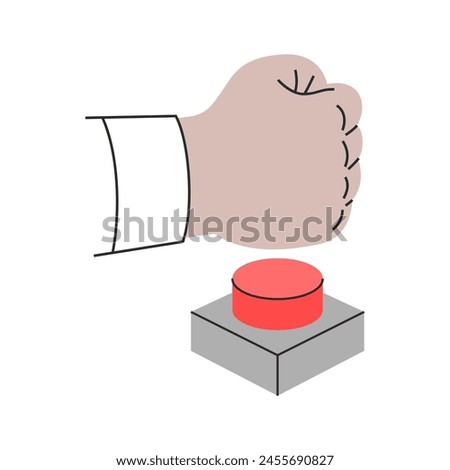 A man's fist hitting forcefully on a big red button. Vector illustration