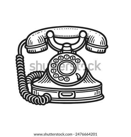 A black and white drawing of a telephone. The phone is on a white background. The phone is old fashioned and has a cord attached to it