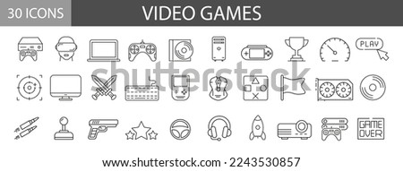 30 Video games icons set. Game genres and attributes. Lines with editable stroke. Isolated vector icons