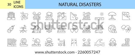 Natural disasters, pollution, related to evacuation, editable stroke icons Vector illustration