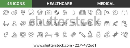 Set of 45 line icons healthcare medical. Medical care. Dermatology, gynecology, oncology, dentistry. Sports and fitness, Editable stroke Vector illustration. Outline icon collection