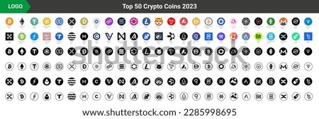 Crypto coins Logo Set in Market. Trending cryptocurrency. Digital cryptocurrency, DeFi, token icons. Bitcoin, Ethereum, Dogecoin, and more