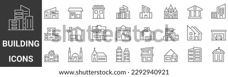 Set of 24 linear icon building. Editable stroke. big city buildings. Urban architecture. State institutions, religious and cultural monuments.