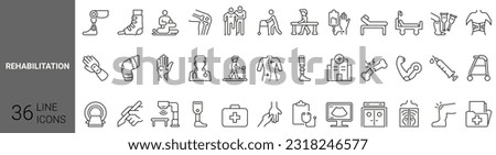 Set of 36 Physiotherapy, rehabilitation icons. Prosthetics Vector Illustration. medicine and health flat design signs and symbols with elements for mobile concepts and web apps.