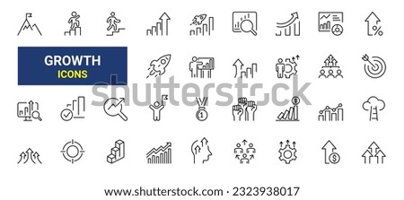 Set of 33 Line icons personal progress. ambition and growth. financial chart, trend and more. Vector Illustration. Editable Stroke