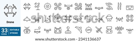 Drone, Quadrocopter line icons set. Fast delivery, remote control, propeller, city map navigation, action camera, radar screen, radio antenna. Collection of Outline Icons. Vector illustration.