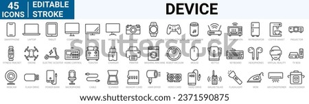 set of 45 line web icons Personal Device. Tablet, laptop, phone, console, Smart Watch and more. Editable Stroke.