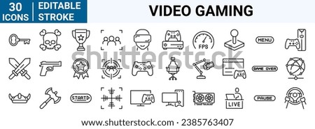 set of 30 line web icons Video games. Game genres and attributes. Esport. online gaming. Editable stroke.