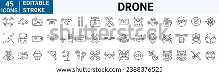 Drone, Quadrocopter line icons set. Fast delivery, remote control, propeller, city map navigation, action camera, radar screen, radio antenna. Collection of Outline Icons. Vector illustration.