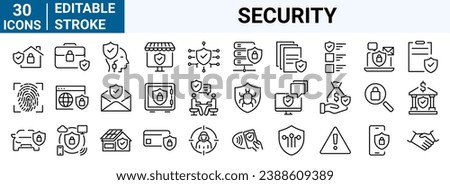 set of 30 line web icons Security. cyber security, password, smart home, safety, data protection, key, shield, lock, unlock, eye access. Editable stroke.