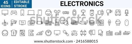 Electronics line web icons Personal Device. Tablet, laptop, phone, console, Smart Watch and more. Editable Stroke.