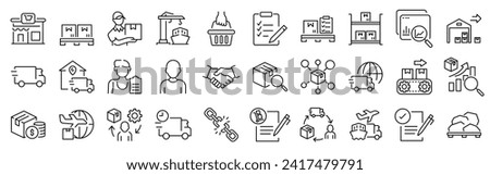 supply chain line web icons. Value chain, logistic, delivery, manufacturing, commerce. Outline icon collection. Vector illustration. Editable stroke