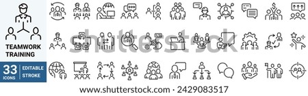 Teamwork training line icons related team, co-workers, cooperation. Linear busines simple symbol collection. vector illustration. Editable stroke