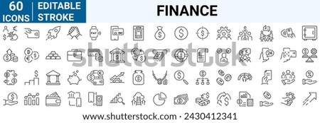 Finance line web icons Money and Coins. Cash, Credit Cards, Money Bag, Containing banking, Investment, income, accounting, money, loan. Editable stroke.