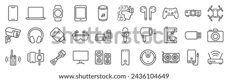 Tech gadgets icon set. Containing smartphone, laptop, tablet, smartwatch, drone, headphones, digital camera, smart TV, gaming console