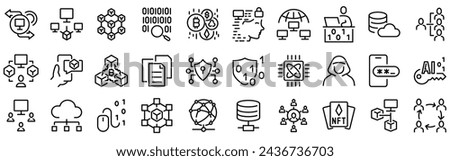 Decentralized web line icons. Blockchain technology. Cryptocurrency, node, distribution, finance, encryption, tokens, white paper and wallet icon collection.