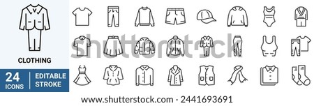 Clothing web line icon set. Dress, polo t-shirt, jeans, winter coat, jacket pants