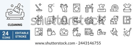 Cleaning web icons in line style. Dusting, cleaning, vacuuming, washing, changing, organizing. Vector illustration. Editable stroke.