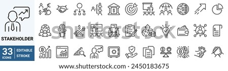 Stakeholder web line icons set. Stakeholder outline icons with editable stroke collection. Includes Project, Growth, Investor, Report, Presentation, and More