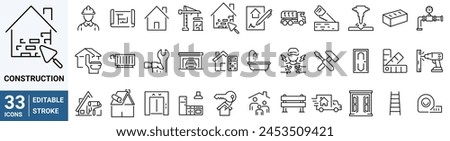 Set of 33 outline icons related to construction, renovation. Linear icon collection. Editable stroke. Vector illustration