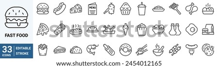 Fast food web line icons set. Burger, donut, french fries, hot dog, kabab, pizza, ice cream, pizza vector illustrations. Editable Strokes