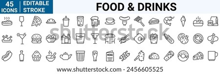 Food and drinks line web icons. Restaurant, Fast food. Burger, donut, pizza, ice cream, coffee. Editable stroke.