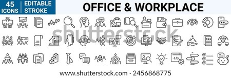 Office and Workplace web icons in line style. Employe, conference, project, document, business, work, support, contact us, productivity strategy, collection. Vector illustration.