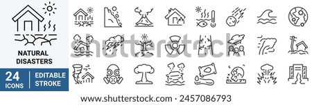 Natural disasters, pollution, related to evacuation, Apocalypse. editable stroke icons Vector illustration