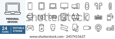 Personal Devices web Line Icons. Contains such Icons as Unfolded Tablet, Desktop PC Workstation, Round and Square Smart Watch and more. Editable Stroke.