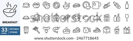 Breakfast line web icons. Food line icon set, salad, octopus soup, funchose, clam, chinese chicken, kebab,