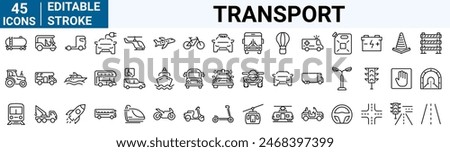 Transport web line icons. Containing car, bike, plane, train, bicycle, motorbike, bus and scooter. Editable stroke. Vector illustration