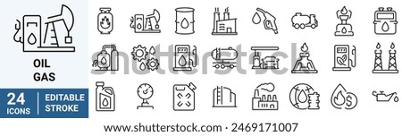 Oil gas line web icons. Contains such Icons as Gas Station, Oil Factory, Transportation. industry. Editable Stroke