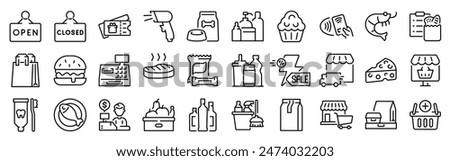 Supermarket web line icons. grocery, milk, cheese, eggs, free delivery, bread, vegetables, fruits. Vector illustration. Editable stroke