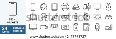 Tech gadgets icon set. Containing smartphone, laptop, tablet, smartwatch, drone, headphones, digital camera, smart TV, gaming console