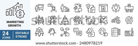 Marketing Growth web line icons. Marketing icons for business. Communication, advertising, ecommerce, seo, content, product, target audience, website, social media.