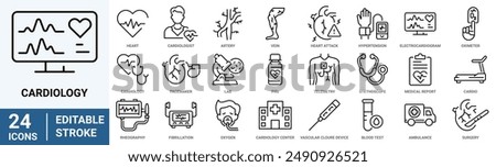 Cardiology web line icons. medicine, heart attack, health report, heart, coronary angiography, health tracker. Editable stroke.