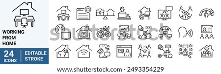 Working from home web line icon set. Containing remote work, work online, freelancing, home office, digital nomad.