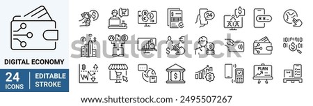 Digital Economy web line icons. Digital Transaction, Online banking, deposit, money safety, internet bank, contactless payment, online transaction, Editable stroke