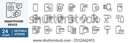 Smartphone device, phone report and download app set. Mobile apps line icons. Finger touch, mobile payment and phone device app line icons. Calculate report, smartphone code, chat message.