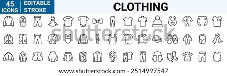 Clothes web line icons. Fashion icons. T-shirt, Pants, Jacket, Dress, Short, Shoe, Shirt symbols. vector illustrations. Editable Stroke