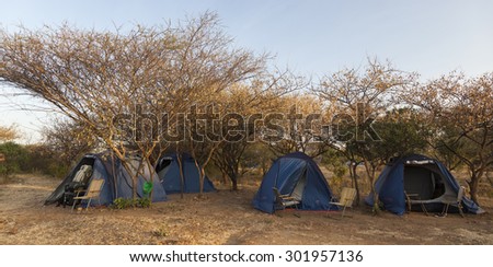 TURMI, OMO VALLEY, ETHIOPIA - JANUARY 01, 2014: Tent camp under a small tries. Tents are the only available \'accommodation\' in remote areas of Ethiopia.