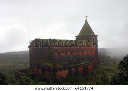 Abandoned church in foggy weather. \'Ghost town\' Bokor Hill station near town of Kampot. Cambodia.