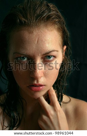Wet woman portrait with water drops on the face