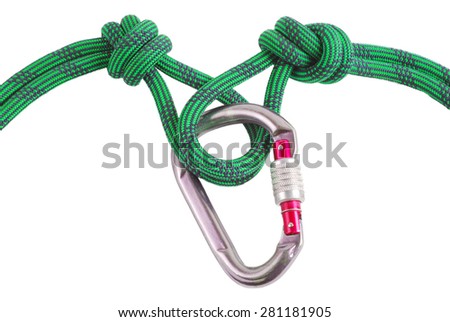 Carabiner whit climbing knot isolated on white