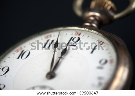 Old pocketwatch showing three minutes to twelve