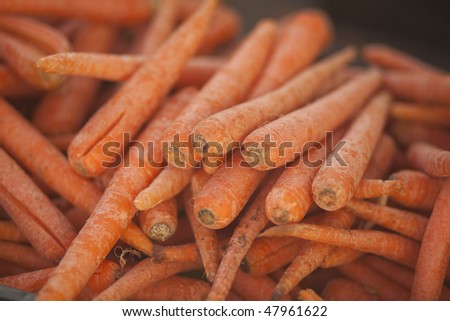 A pile of raw carrots in a bin at a market.