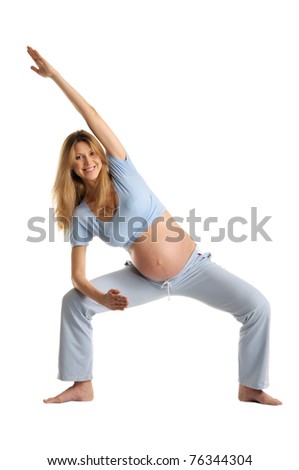Pregnant Woman Practicing Yoga, Standing Isolated On White Stock Photo