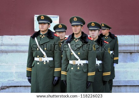 BEIJING - NOV 6: Soldiers stand guard in Tiananmen area ahead of China\'s 18th National Congress on November 6, 2012 in Beijing, China.This year security is extra tight because of leadership transition