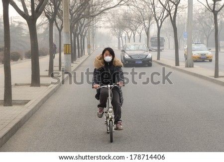 BEIJING - FEB 25: severe air pollution on February 25, 2014 in Beijing, China. Air quality index levels were classed as \