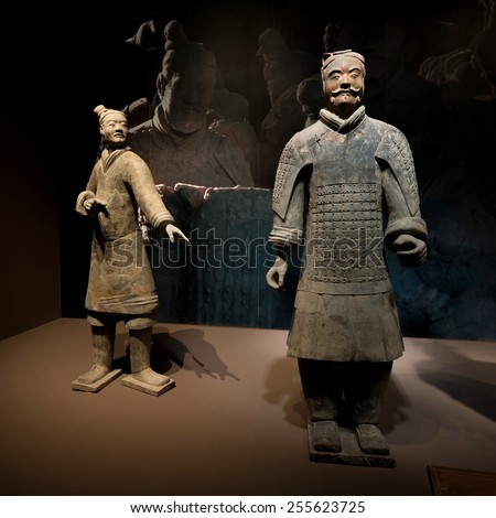 XIAN - APRIL 9: exhibition of the famous Chinese Terracotta Warriors on April 9, 2014 in Xian, China. The terracotta warriors are made in 210-209 BCE to protect the emperor in his afterlife.
